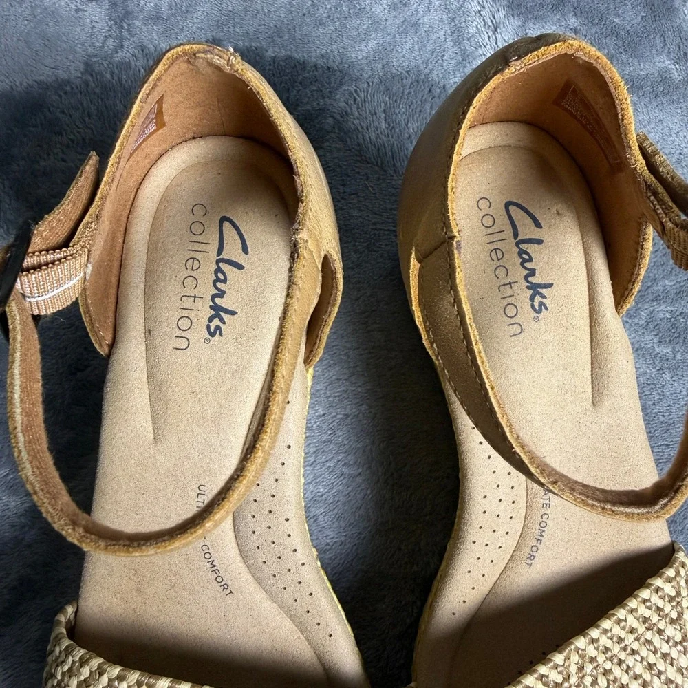 Clarks Womens 6.5 Tan Neutral Beige Straw‎ Woven Platform Wedge Sandals